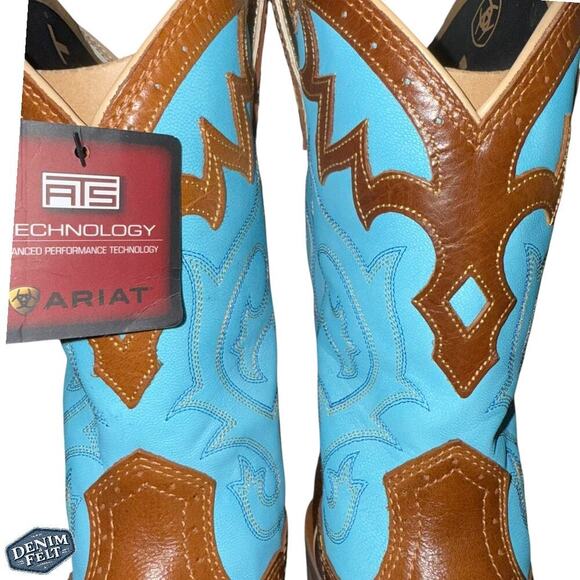 ARIAT Brown/ Cielo Blue UNBRIDLED FULL-GRAIN LEATHER Square Toe COWGIRL BOOTS - Picture 7 of 15